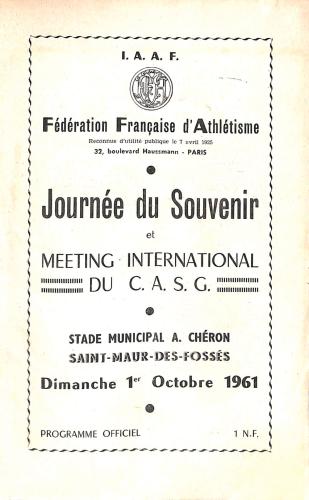 PROGRAMME OFFICIEL MEETING INTERNATIONAL DU C. A. S. G. ATHLÉTISME 1961