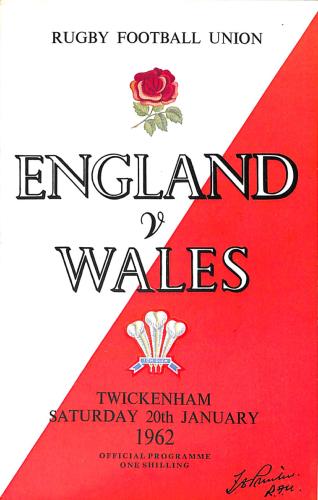 PROGRAMME OFFICIEL DU MATCH ANGLETERRE VS PAYS DE GALLES DU 20 JANVIER 1962