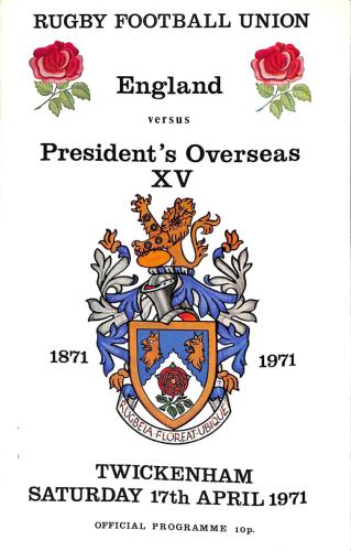 PROGRAMME OFFICIEL DU MATCH ANGLETERRE VS XV DU PRÉSIDENT DU 17 AVRIL 1971