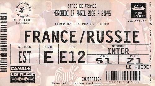 Billet France vs Russie du 17 avril 2002