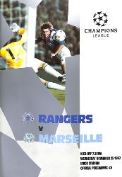 PROGRAMME OFFICIEL CHAMPIONS LEAGUE GLASGOW RANGERS VS OLYMPIQUE DE MARSEILLE DU 25 NOVEMBRE 1992