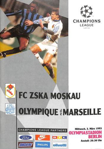 PROGRAMME OFFICIEL CHAMPIONS LEAGUE CSKA MOSCOU VS OLYMPIQUE DE MARSEILLE DU 3 MARS 1993