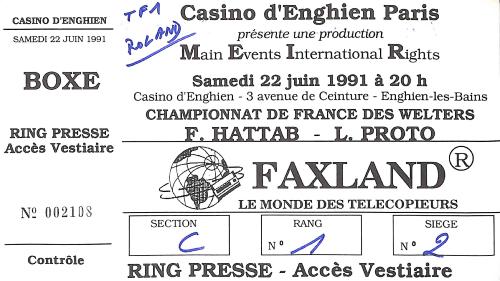 BILLET PRESSE DU CHAMPIONNAT DE FRANCE ENTRE HATTAB ET PRORO LE 22 JUIN 1991