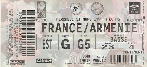 Billet entier France vs Arménie du 31 mars 1999
