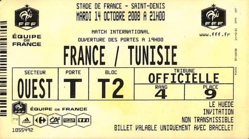 Billet France vs Tunisie du 14 octobre 2008