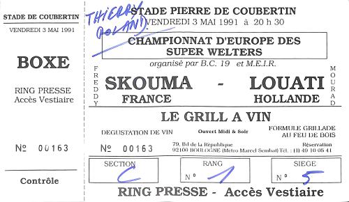 BILLET PRESSE DU CHAMPIONNAT D'EUROPE ENTRE SKOUMA ET LOUATI LE 3 MAI 1991