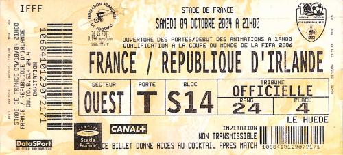 Billet entier France vs République d'Irlande du 9 octobre 2004