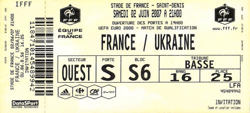 Billet entier France vs Ukraine du 2 juin 2007
