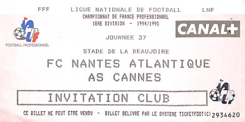 Billet FC Nantes vs AS Cannes saison 1994/1995