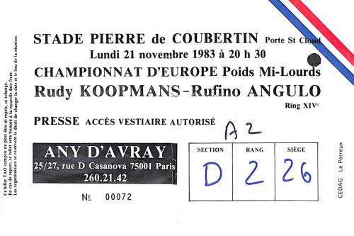 BILLET PRESSE DU CHAMPIONNAT D'EUROPE ENTRE KOOPMANS ET ANGULO LE 21 NOVEMBRE 1983