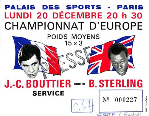 BILLET PRESSE DU CHAMPIONNAT D'EUROPE ENTRE BOUTTIER ET STERLING LE 20 DÉCEMBRE 1971