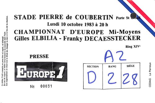 BILLET PRESSE DU CHAMPIONNAT D'EUROPE ENTRE ELBILIA ET DECAESSTECKER LE 10 OCTOBRE 1983