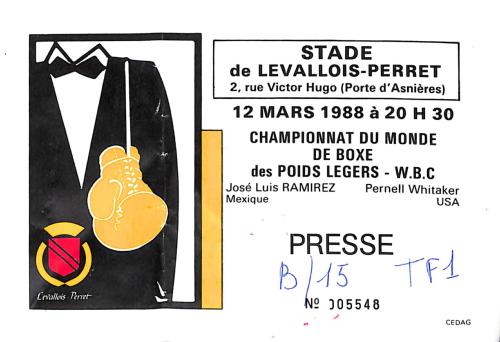 BILLET PRESSE DU CHAMPIONNAT DU MONDE ENTRE RAMIREZ ET WHITAKER LE 12 MARS 1988