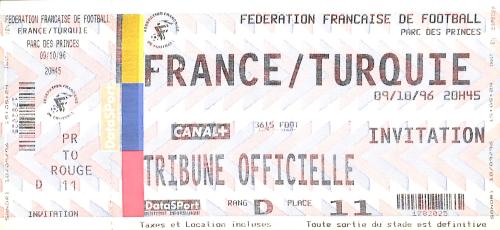 Billet entier France vs Turquie du 9 octobre 1996