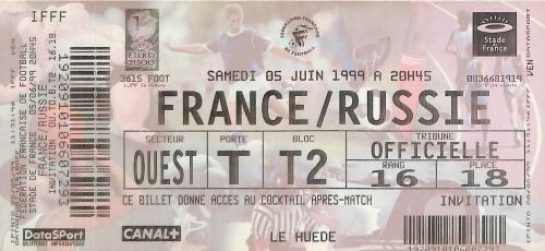 Billet entier France vs Russie du 5 juin 1999