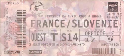 Billet entier France vs Slovénie du 26 avril 2000