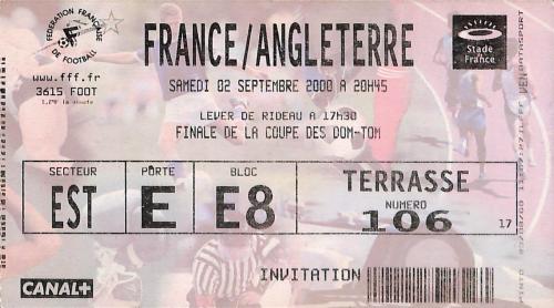 Billet France vs Angleterre du 2 septembre 2000