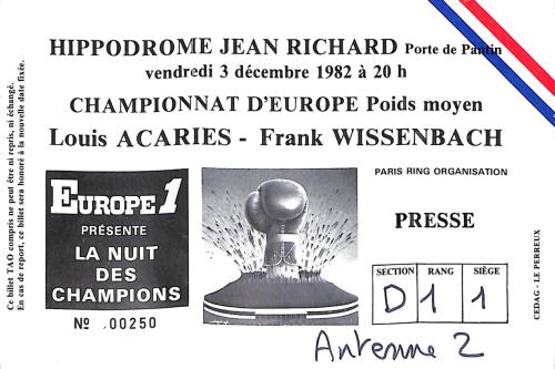 BILLET PRESSE DU CHAMPIONNAT D'EUROPE ENTRE ACARIES ET WISSENBACH LE 3 DÉCEMBRE 1982