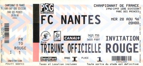 Billet entier PSG vs FC Nantes du 28 août 1996