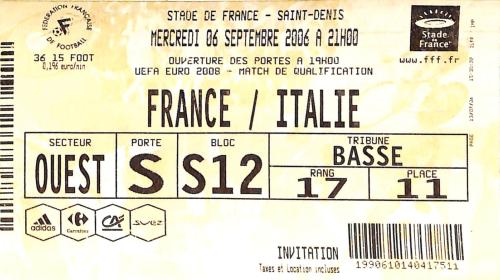 BILLET FRANCE VS ITALIE DU 6 SEPTEMBRE 2006