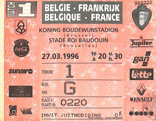 Billet Belgique vs France du 27 mars 1996