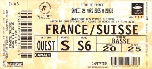 Billet entier France vs Suisse du 26 mars 2005