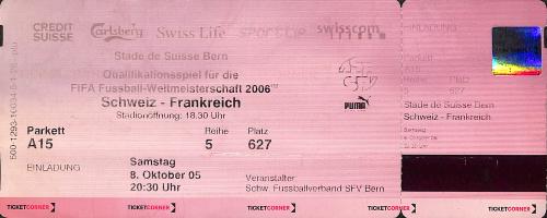 Billet entier Suisse vs France du 8 octobre 2005