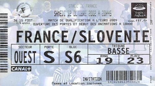 Billet France vs Slovénie du 12 octobre 2002