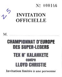 BILLET "INVITATION" DU CHAMPIONNAT D'EUROPE ENTRE N' KALANKETE ET CHRISTIE LE 26 MAI 1988