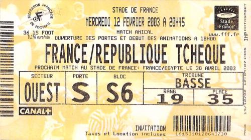 Billet France vs République Tchèque du 12 février 2003