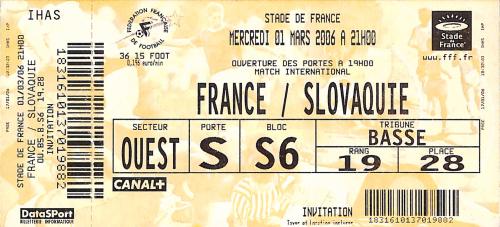 Billet entier France vs Slovaquie du 1 mars 2006