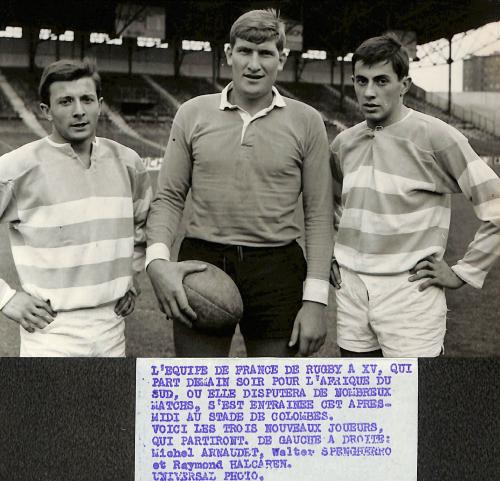 PHOTO ORIGINALE DE PRESSE D'ARNAUDET, SPANGHERO, HALCAREN AVEC L'ÉQUIPE DE FRANCE ANNÉES 60