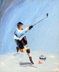HUILE SUR TOILE ENCADRÉE "LE HOCKEYEUR" OEUVRE CONTEMPORAINE SIGNÉE LÉO