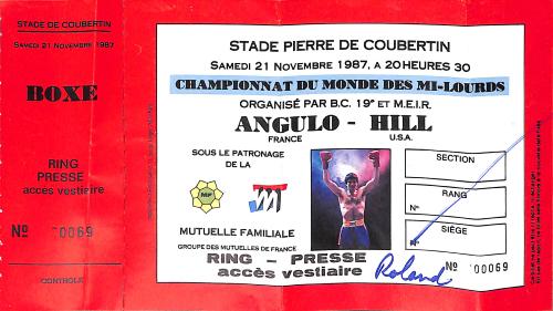 BILLET PRESSE DU CHAMPIONNAT DU MONDE ENTRE ANGULO ET HILL LE 21 NOVEMBRE 1987