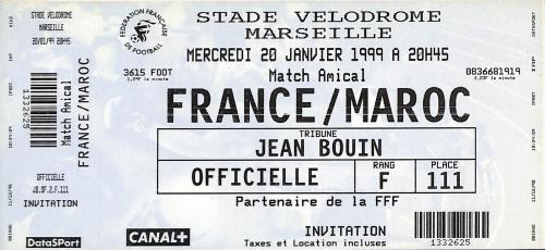 Billet entier France vs Maroc du 20 janvier 1999