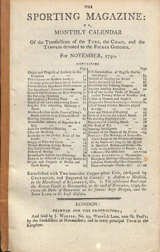 LIVRE « THE SPORTING MAGAZINE OR MONTHLY CALENDAR » FOR NOVEMBER, 1792