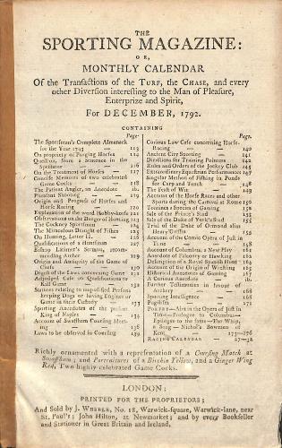 LIVRE « THE SPORTING MAGAZINE OR MONTHLY CALENDAR » FOR DECEMBER, 1792