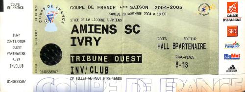 BILLET ENTIER AMIENS SC VS IVRY DU 20 NOVEMBRE 2004
