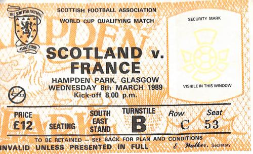 Billet Ecosse vs France du 8 mars 1989
