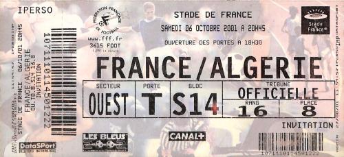 Billet entier France vs Algérie du 6 octobre 2001