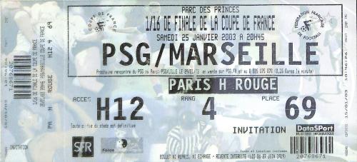 Billet entier PSG vs Olympique de Marseille du 25 janvier 2003