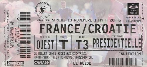 Billet entier France vs Croatie du 13 novembre 1999