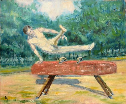 HUILE SUR TOILE REPRÉSENTANT UN GYMNASTE AU CHEVAL D'ARÇON