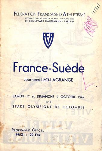 PROGRAMME OFFICIEL ATHLÉTISME FRANCE VS SUÈDE 1949