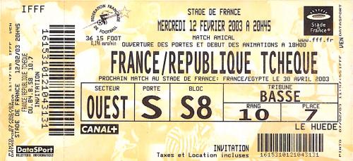 Billet entier France vs République Tchèque du 12 février 2003