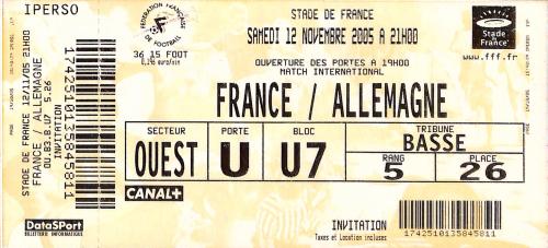 Billet entier France vs Allemagne du 12 novembre 2005